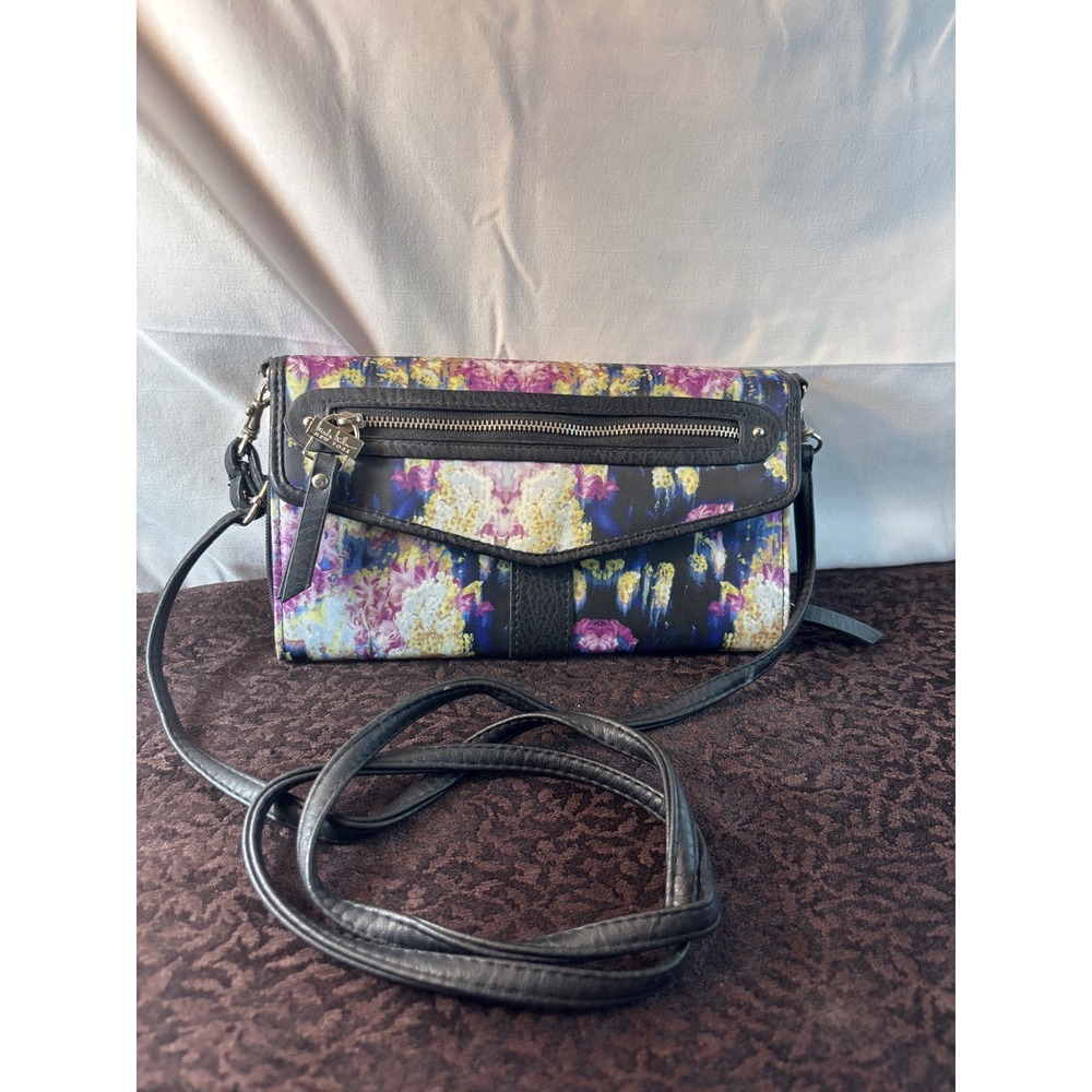 Nicole Miller New York Floral Crossbody Bag Black Purple floral Print Wallet